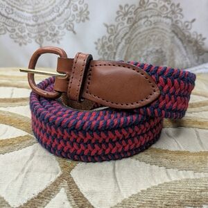 Vintage Orvis Men's Red Navy Woven And Leather Belt Brass Buckle Size 46